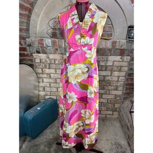 dress Hawaiian 1960s ruffle collar floral bright pink purple gold cream